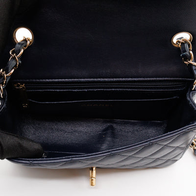 Classic Single Flap Mini Rectangular Navy Lambskin Leather