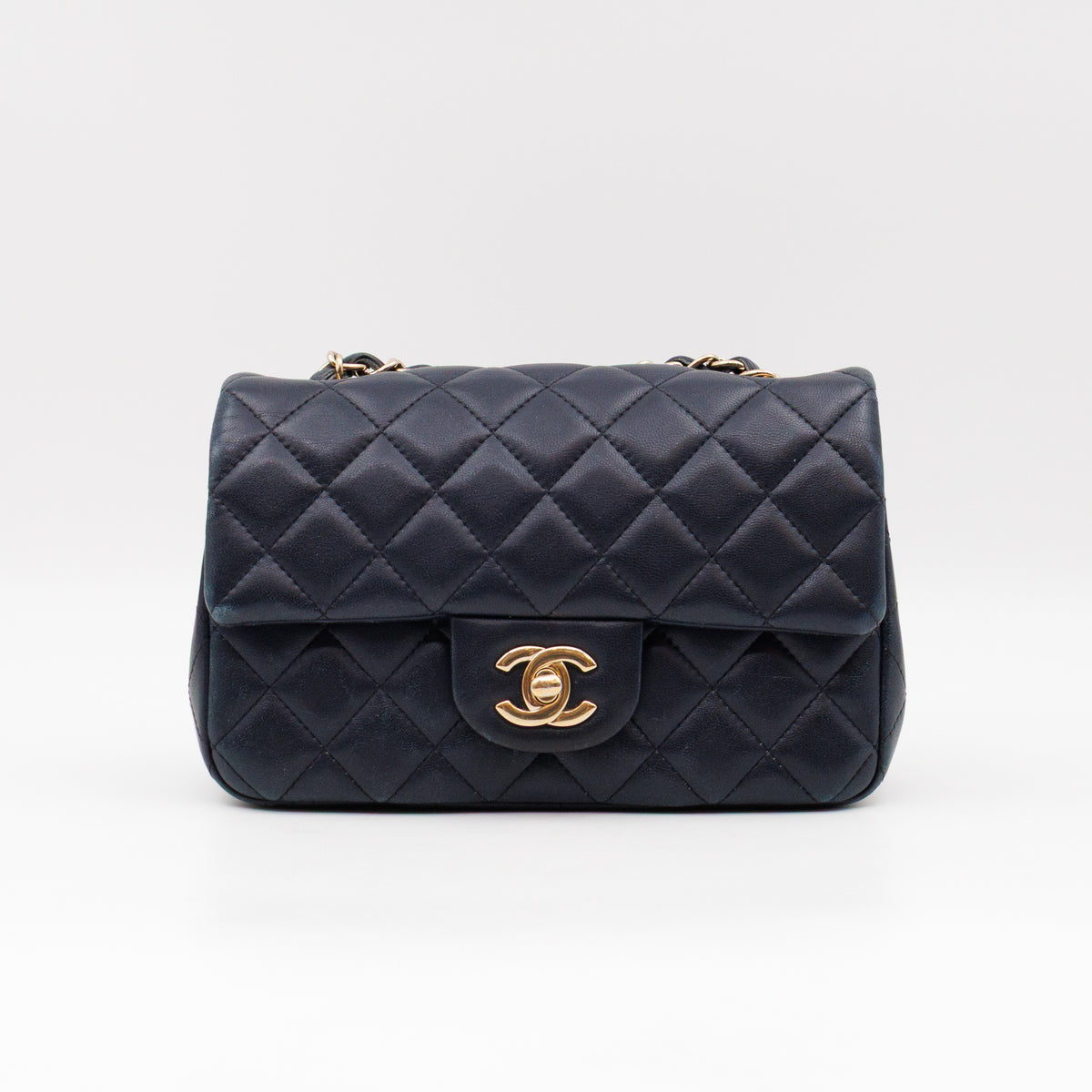 Classic Single Flap Mini Rectangular Navy Lambskin Leather