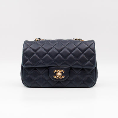 Classic Single Flap Mini Rectangular Navy Lambskin Leather