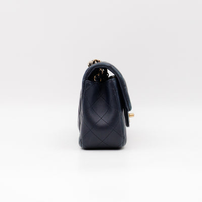 Classic Single Flap Mini Rectangular Navy Lambskin Leather