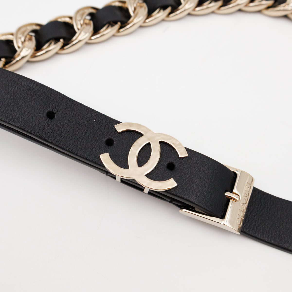 Chain Braided Belt Black Leather 90 cm