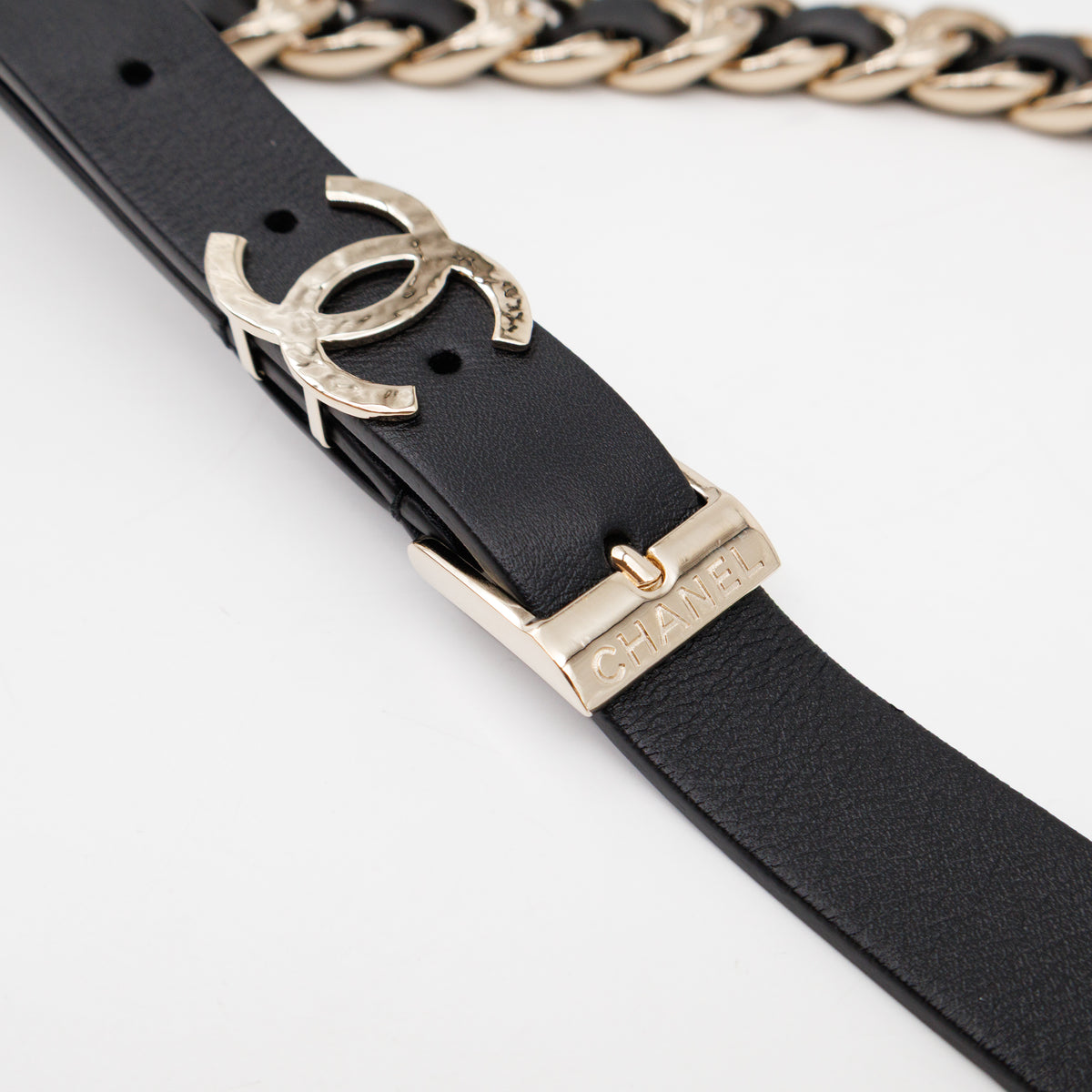 Chain Braided Belt Black Leather 90 cm