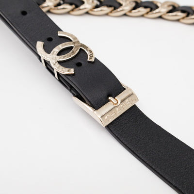 Chain Braided Belt Black Leather 90 cm