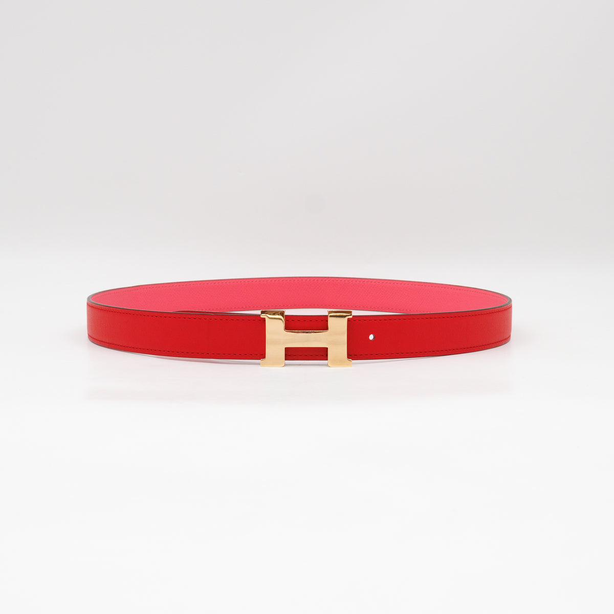 Mini Constance Buckle & Reversible Red and Rose Azalee Leather Belt 75 cm
