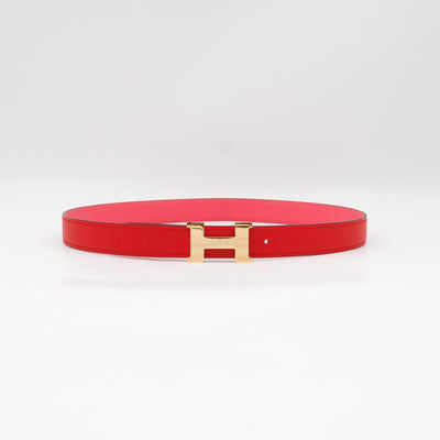 Mini Constance Buckle & Reversible Red and Rose Azalee Leather Belt 75 cm