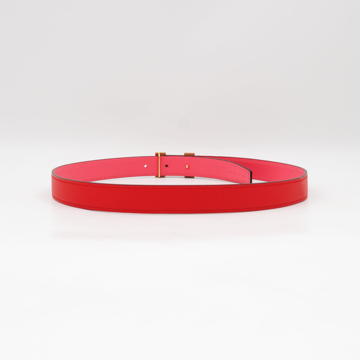 Mini Constance Buckle & Reversible Red and Rose Azalee Leather Belt 75 cm