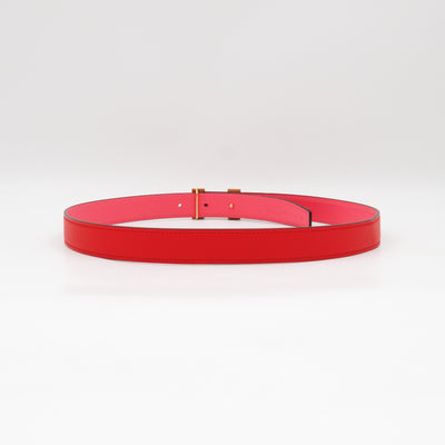 Mini Constance Buckle & Reversible Red and Rose Azalee Leather Belt 75 cm