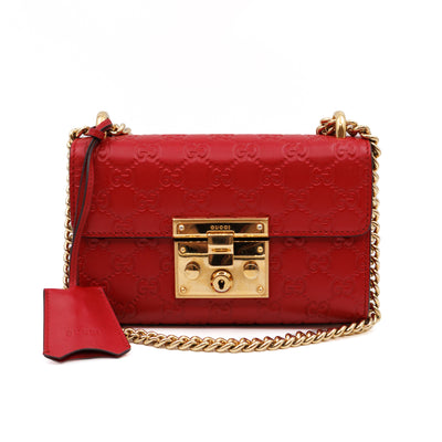 Padlock Flap Bag Small Hibiscus Red GG Guccissima