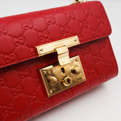 Padlock Flap Bag Small Hibiscus Red GG Guccissima