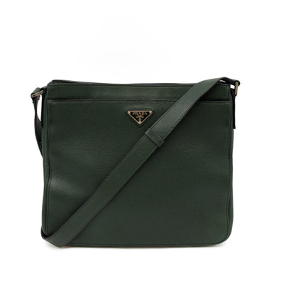 Flat Pocket Messenger Bag Dark Green Leather