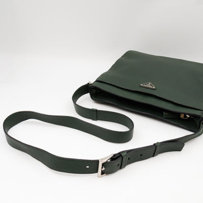 Flat Pocket Messenger Bag Dark Green Leather