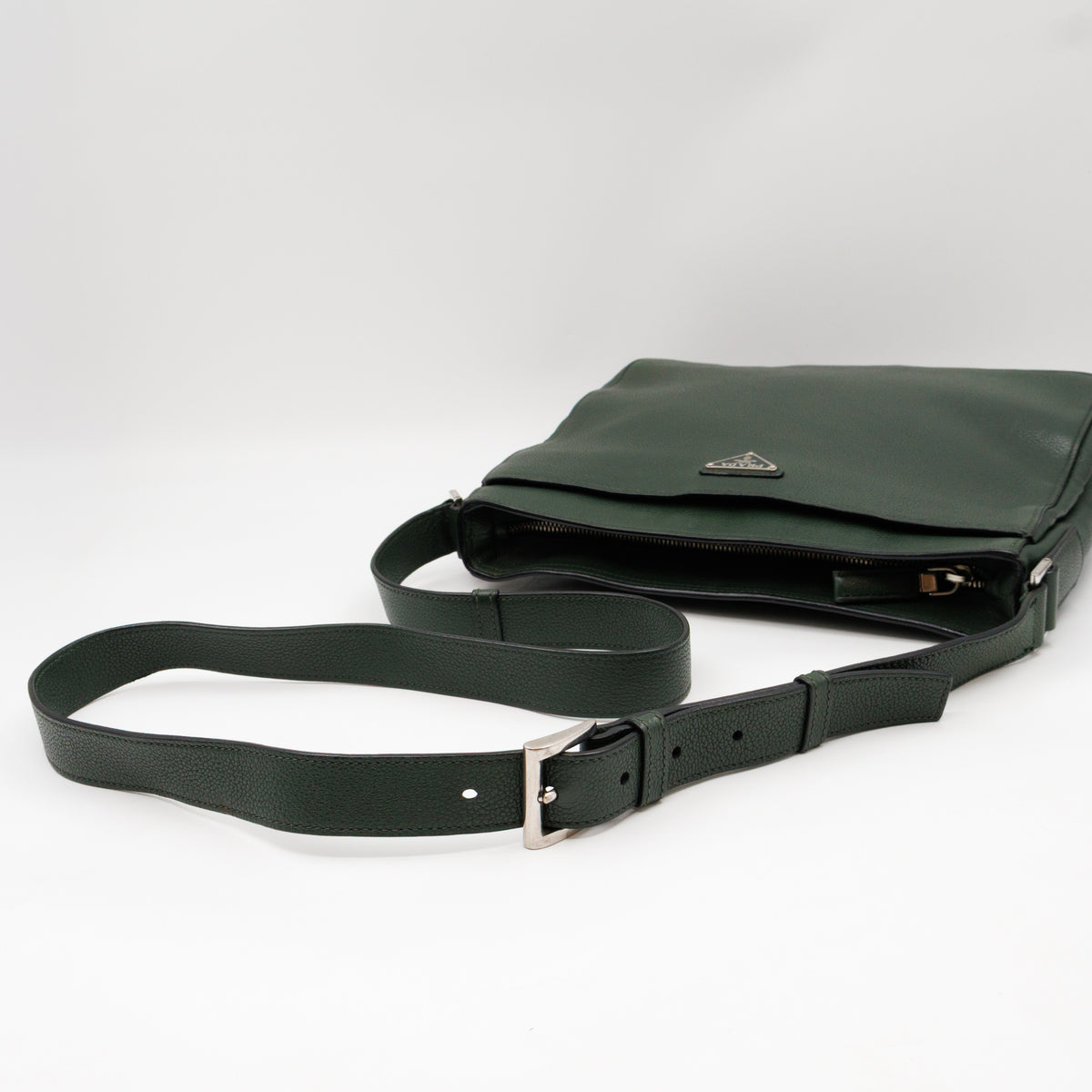 Flat Pocket Messenger Bag Dark Green Leather