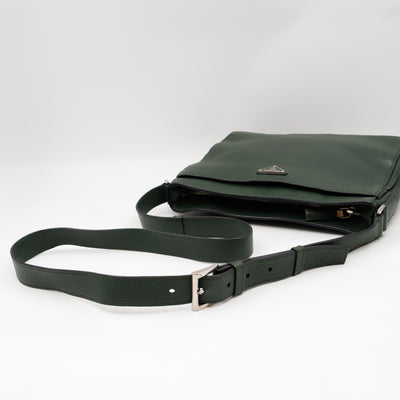 Flat Pocket Messenger Bag Dark Green Leather
