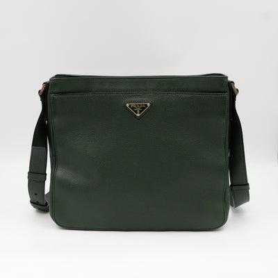 Flat Pocket Messenger Bag Dark Green Leather