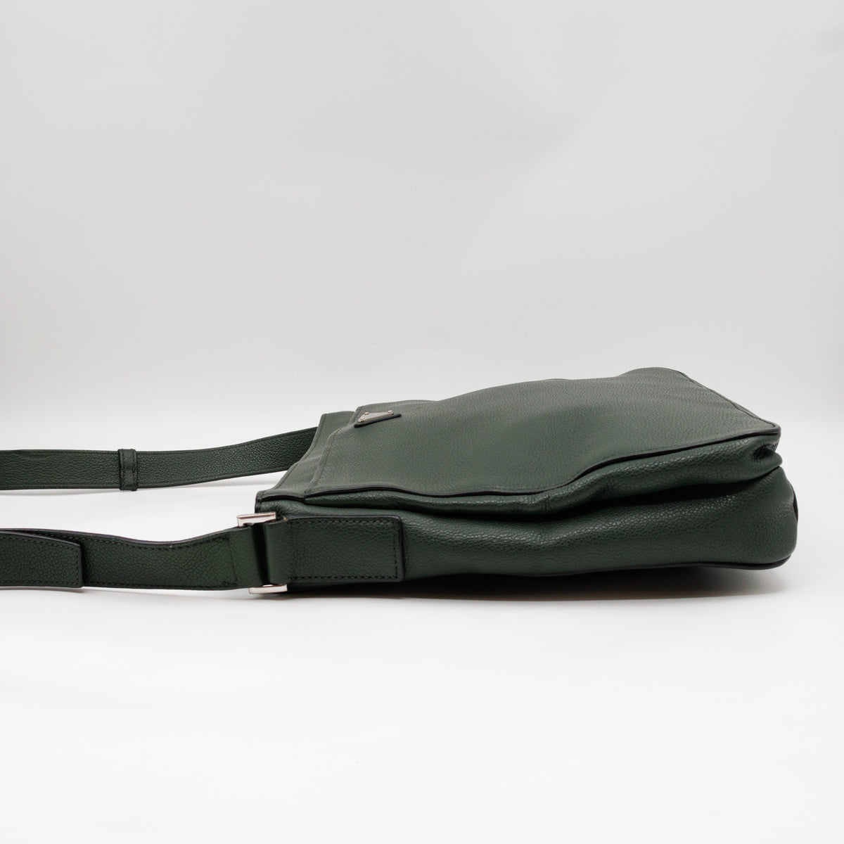 Flat Pocket Messenger Bag Dark Green Leather