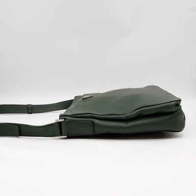 Flat Pocket Messenger Bag Dark Green Leather