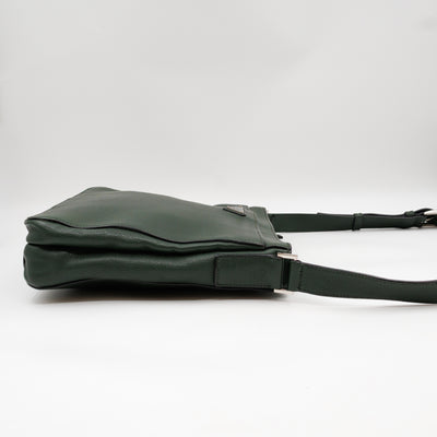 Flat Pocket Messenger Bag Dark Green Leather