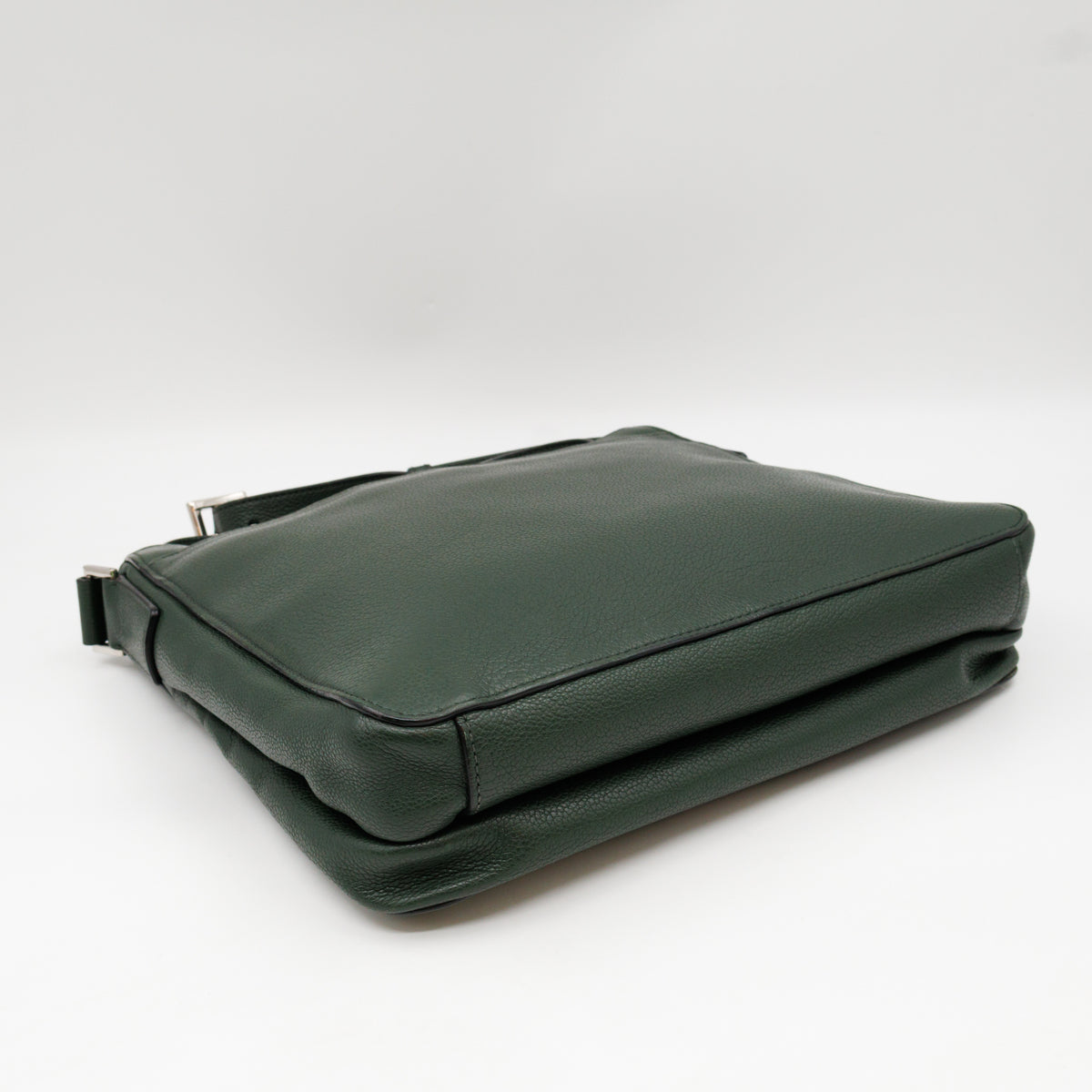 Flat Pocket Messenger Bag Dark Green Leather