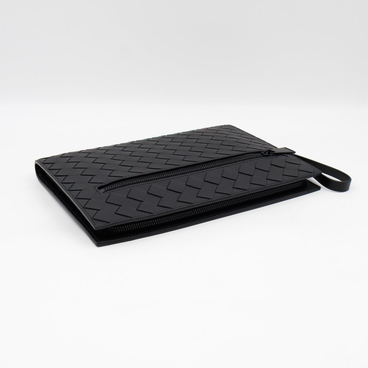 Intrecciato Document Case with Wristlet Small Black Leather