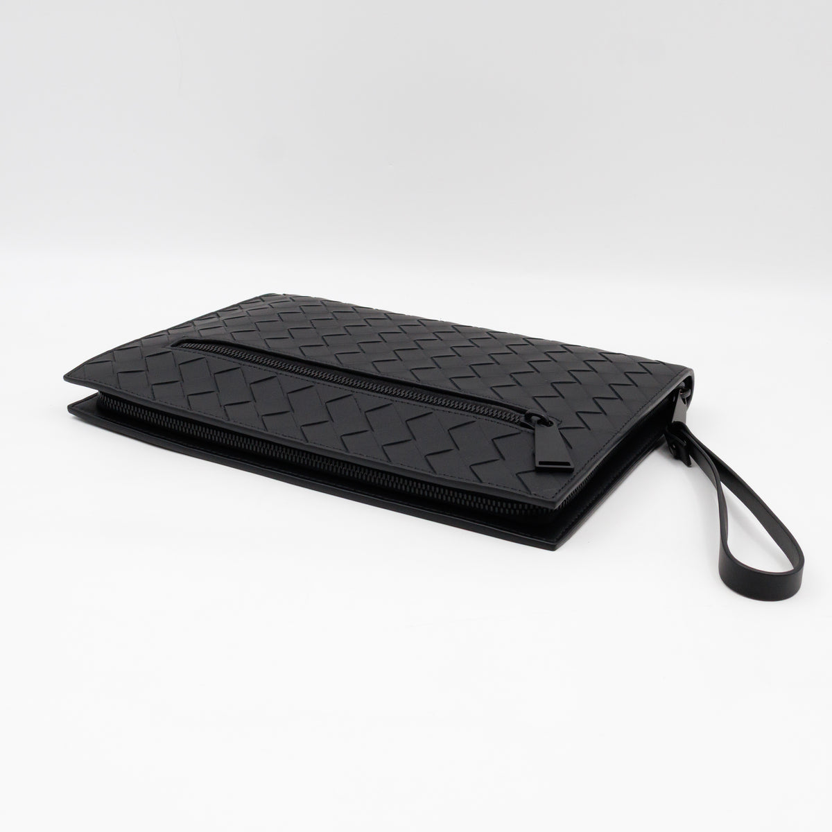 Intrecciato Document Case with Wristlet Small Black Leather