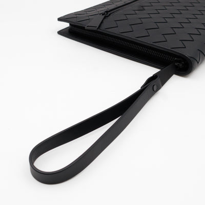 Intrecciato Document Case with Wristlet Small Black Leather