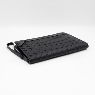 Intrecciato Document Case with Wristlet Small Black Leather