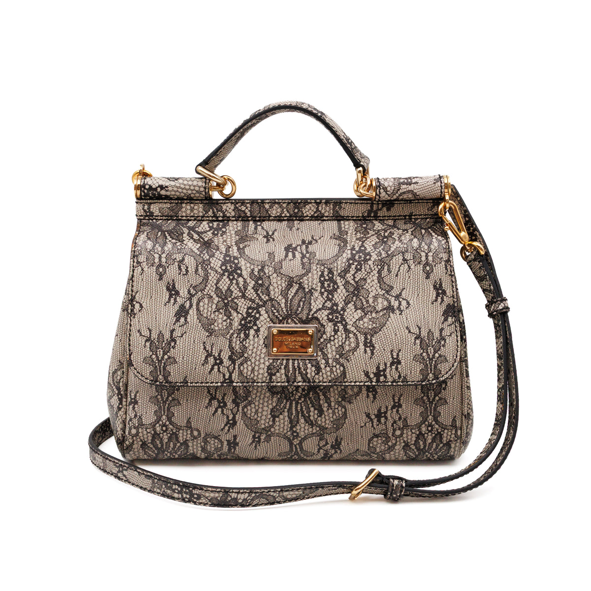 Sicily Large Beige Black Lace Print Leather