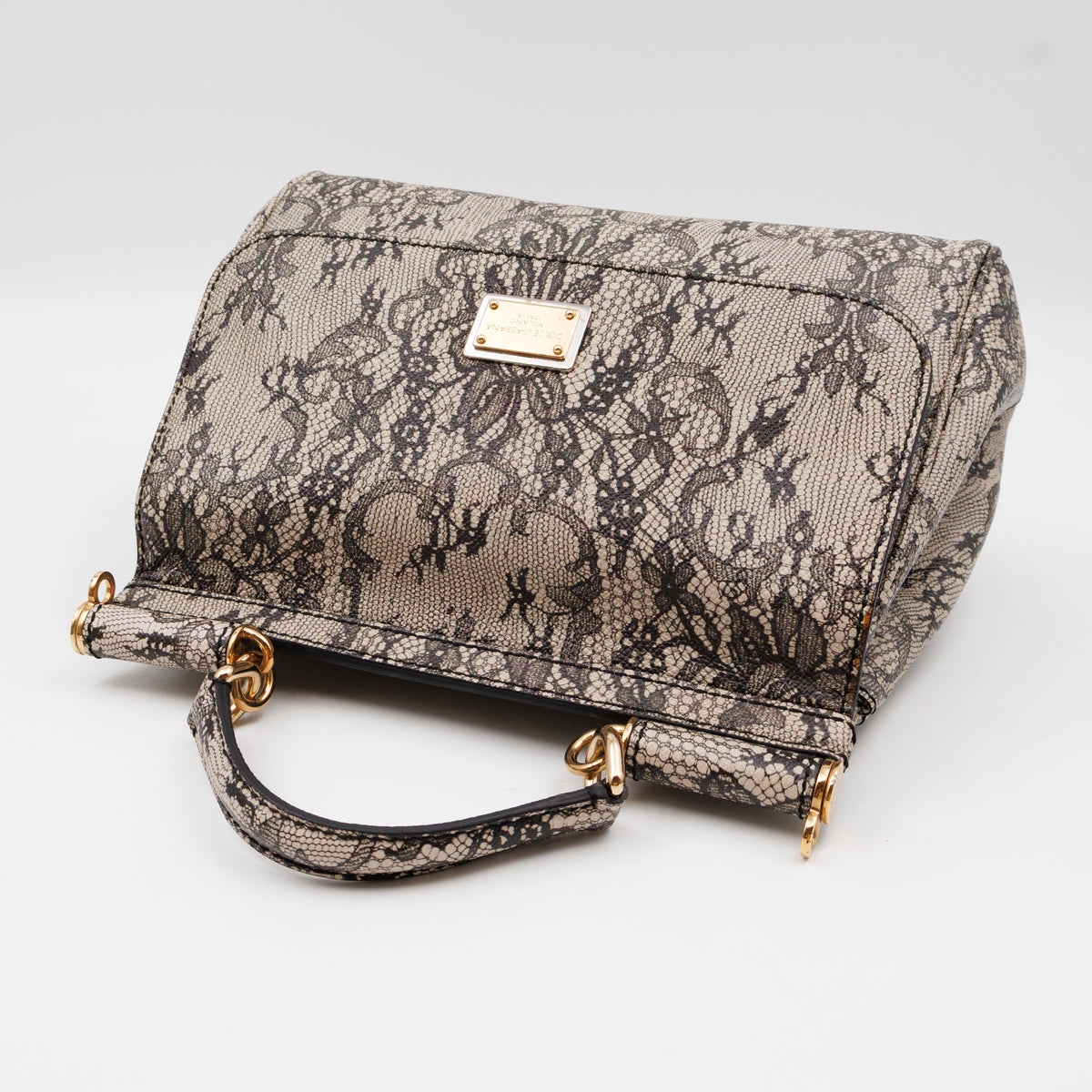 Sicily Large Beige Black Lace Print Leather