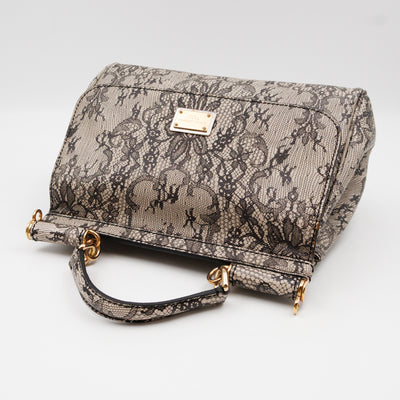 Sicily Large Beige Black Lace Print Leather