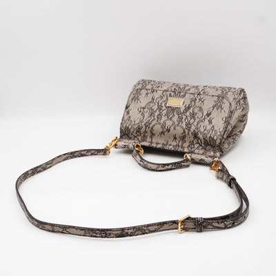 Sicily Large Beige Black Lace Print Leather