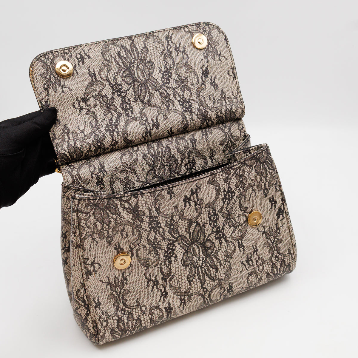 Sicily Large Beige Black Lace Print Leather
