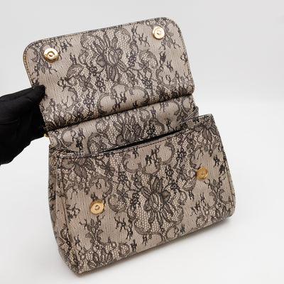 Sicily Large Beige Black Lace Print Leather