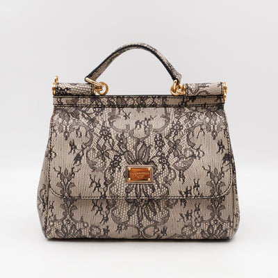Sicily Large Beige Black Lace Print Leather