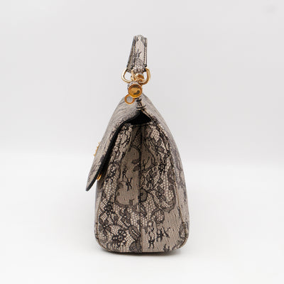 Sicily Large Beige Black Lace Print Leather