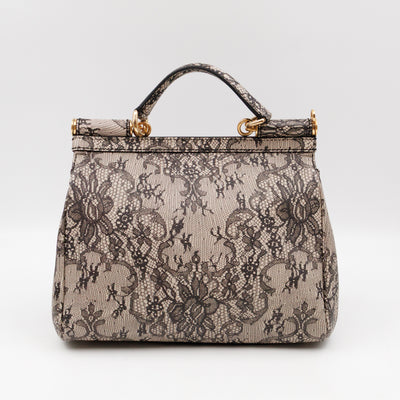 Sicily Large Beige Black Lace Print Leather