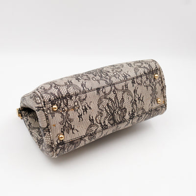 Sicily Large Beige Black Lace Print Leather