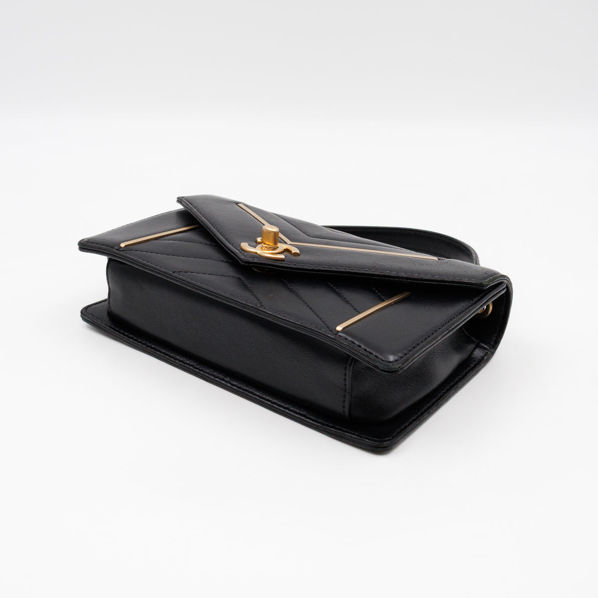 Reversed Chevron Flap Bag Black Quilted Lambskin Leather