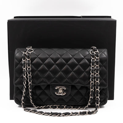 Classic Double Flap Medium Black Lambskin Leather Silver