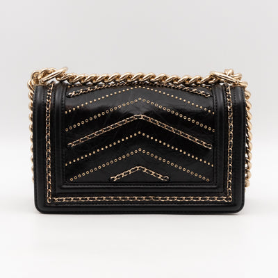 Boy Bag Small Chevron Chains Black Crumpled Calfskin