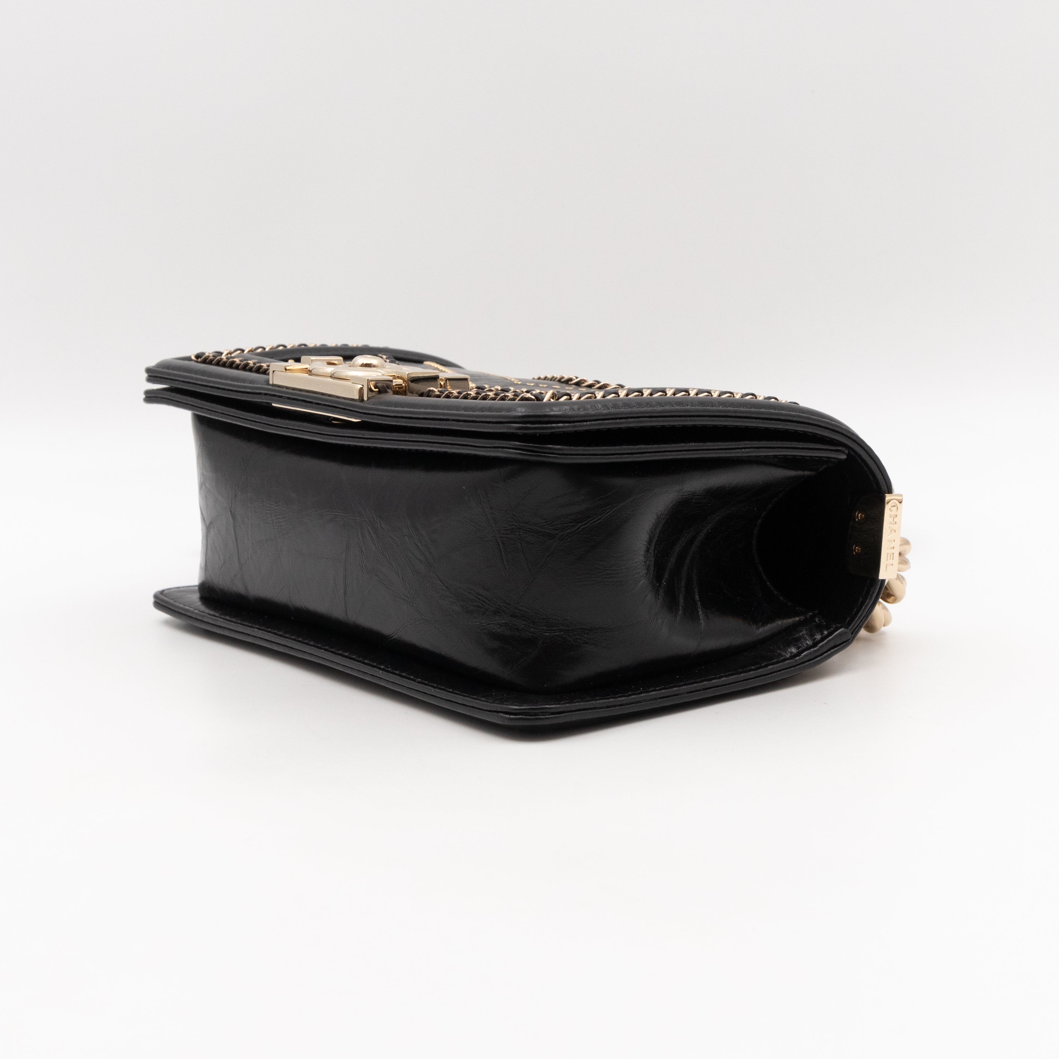 Boy Bag Small Chevron Chains Black Crumpled Calfskin