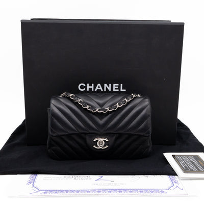 Classic Flap Mini Rectangular Black Chevron Lambskin Leather