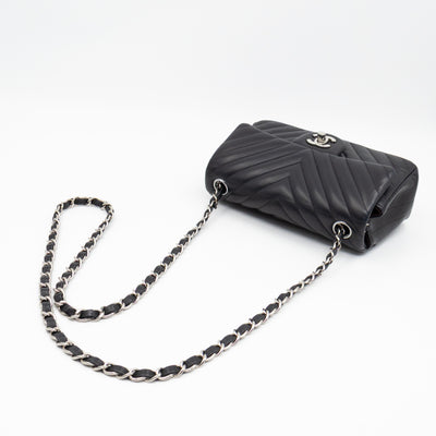Classic Flap Mini Rectangular Black Chevron Lambskin Leather