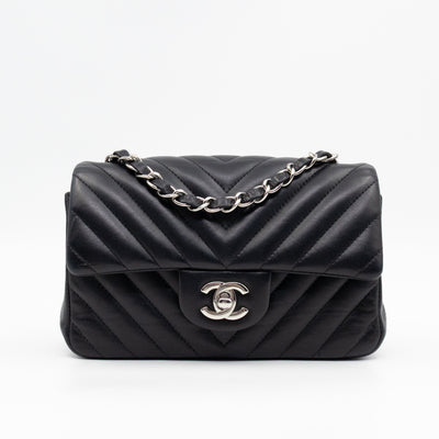 Classic Flap Mini Rectangular Black Chevron Lambskin Leather