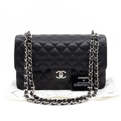 Classic Double Flap Jumbo Black Caviarskin Leather Silver