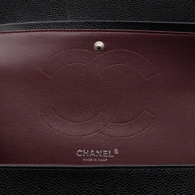 Classic Double Flap Jumbo Black Caviarskin Leather Silver