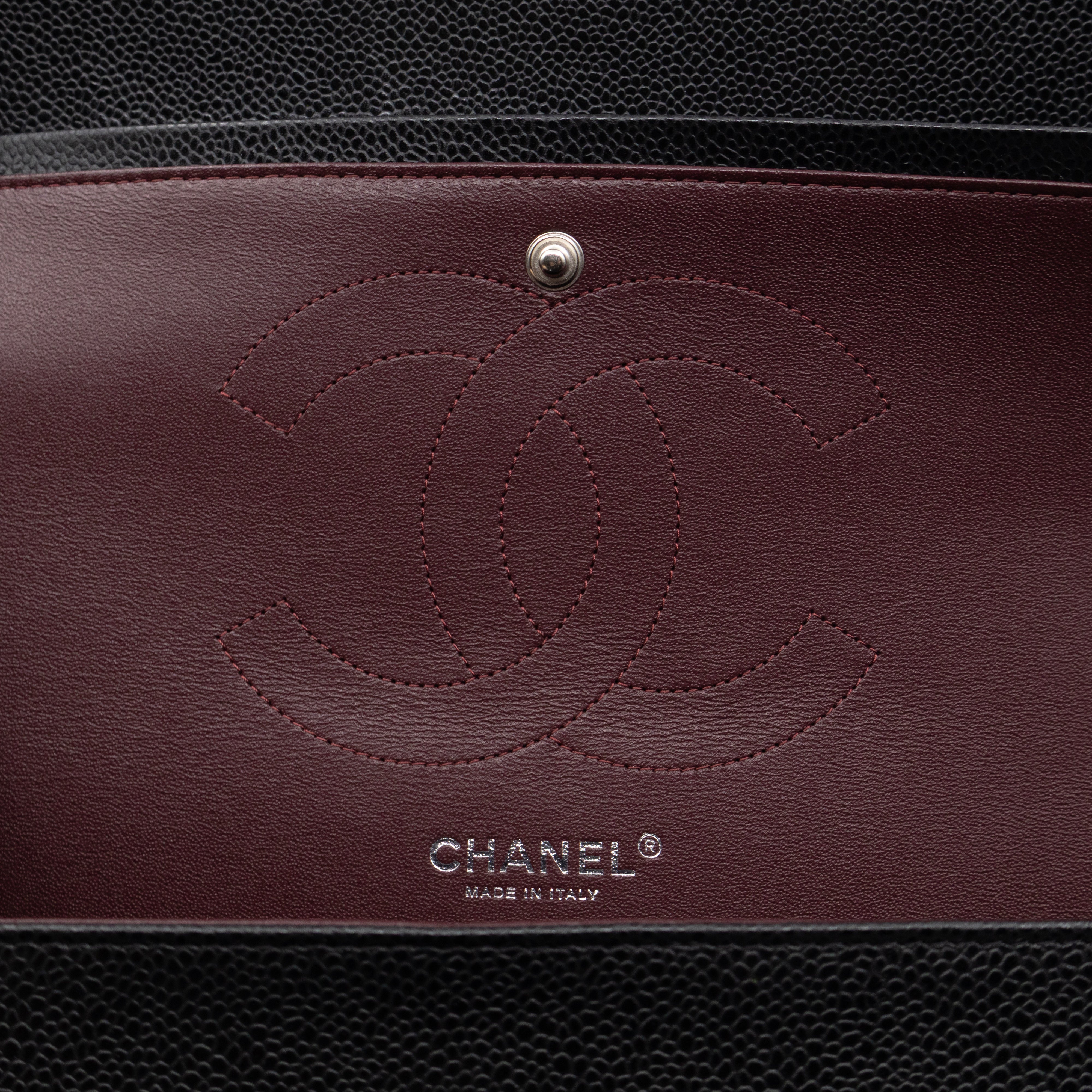 Classic Double Flap Jumbo Black Caviarskin Leather Silver