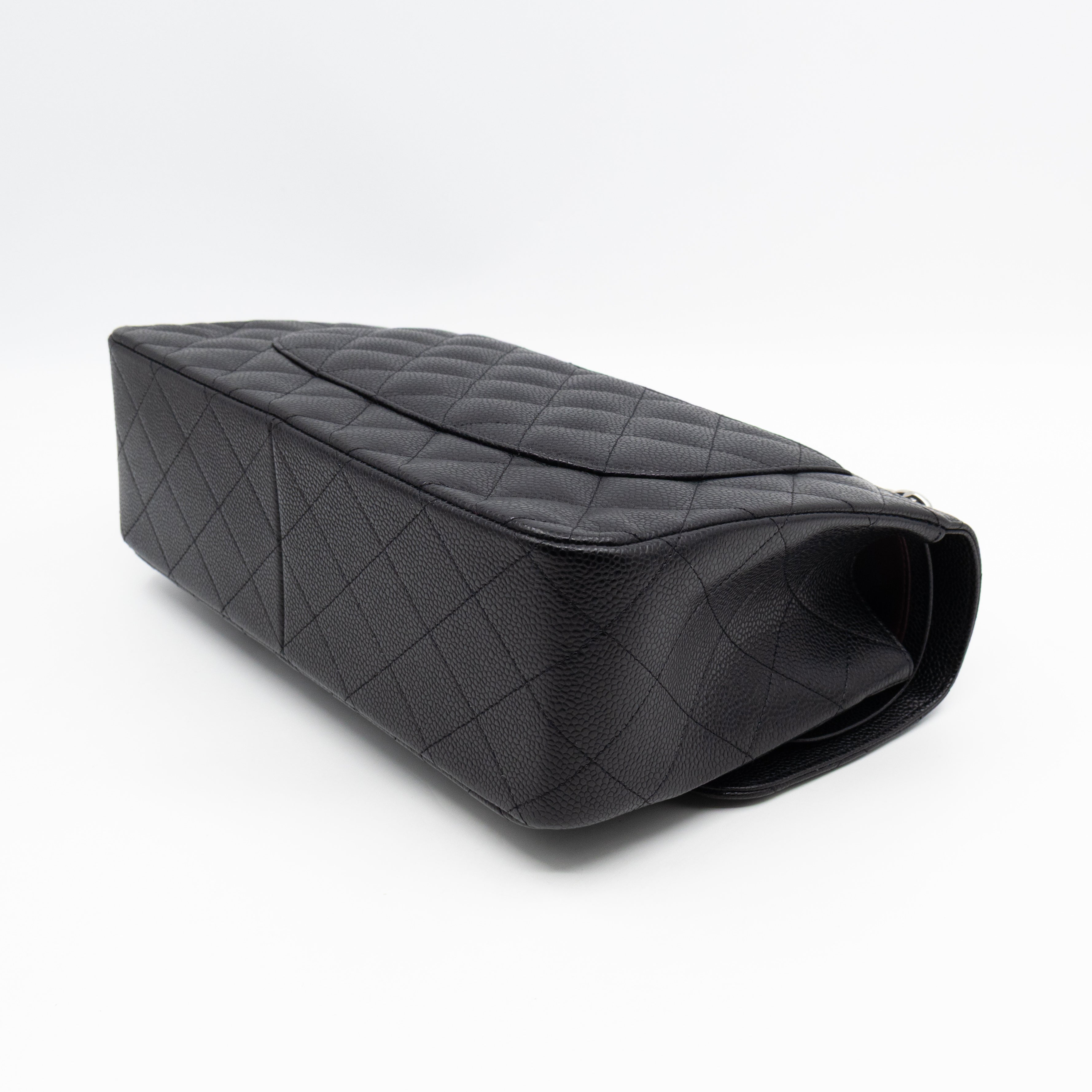 Classic Double Flap Jumbo Black Caviarskin Leather Silver