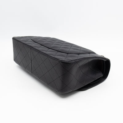 Classic Double Flap Jumbo Black Caviarskin Leather Silver