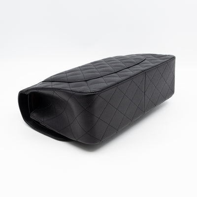 Classic Double Flap Jumbo Black Caviarskin Leather Silver