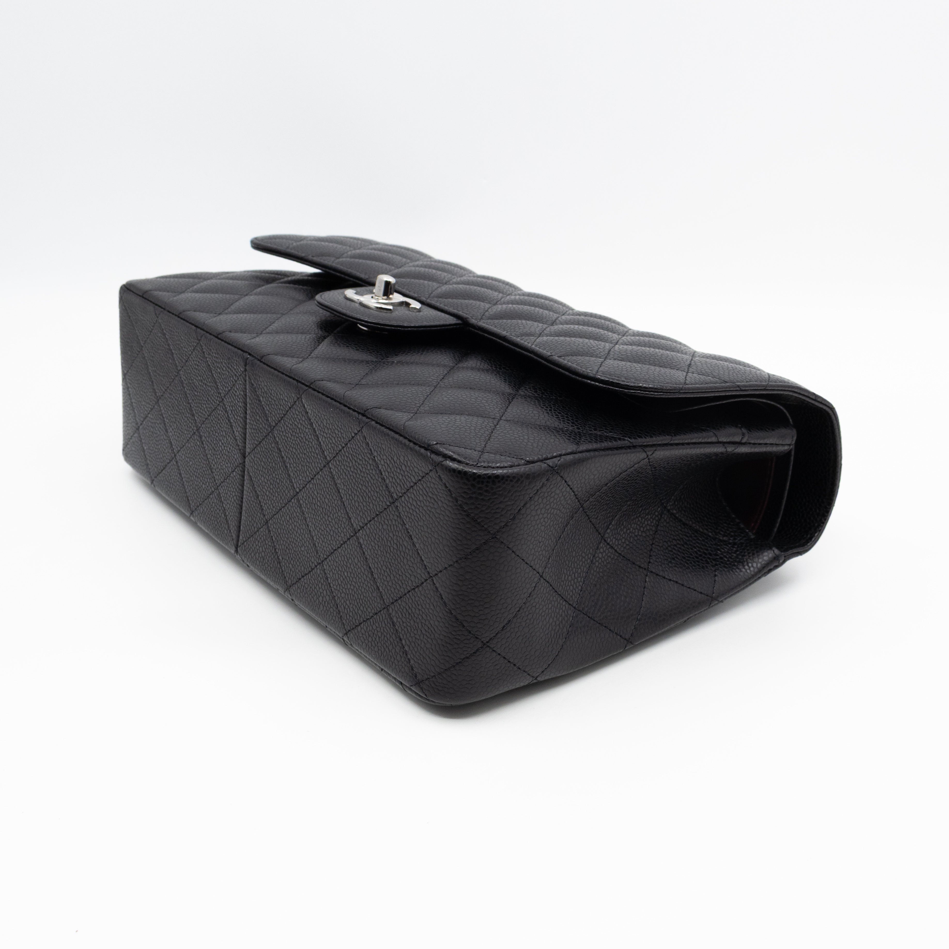 Classic Double Flap Jumbo Black Caviarskin Leather Silver